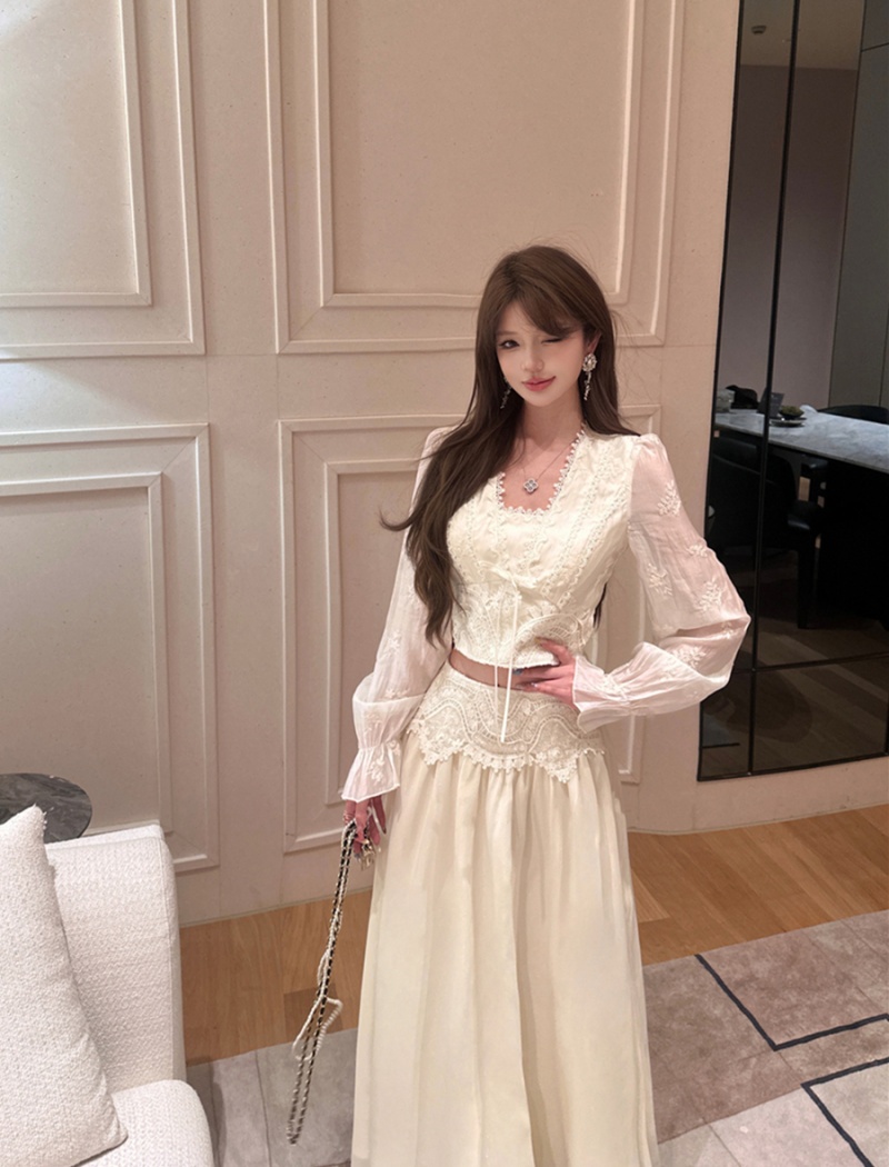 France style long skirt lace tops a set for women