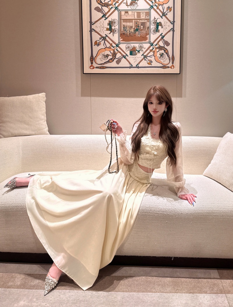 France style long skirt lace tops a set for women