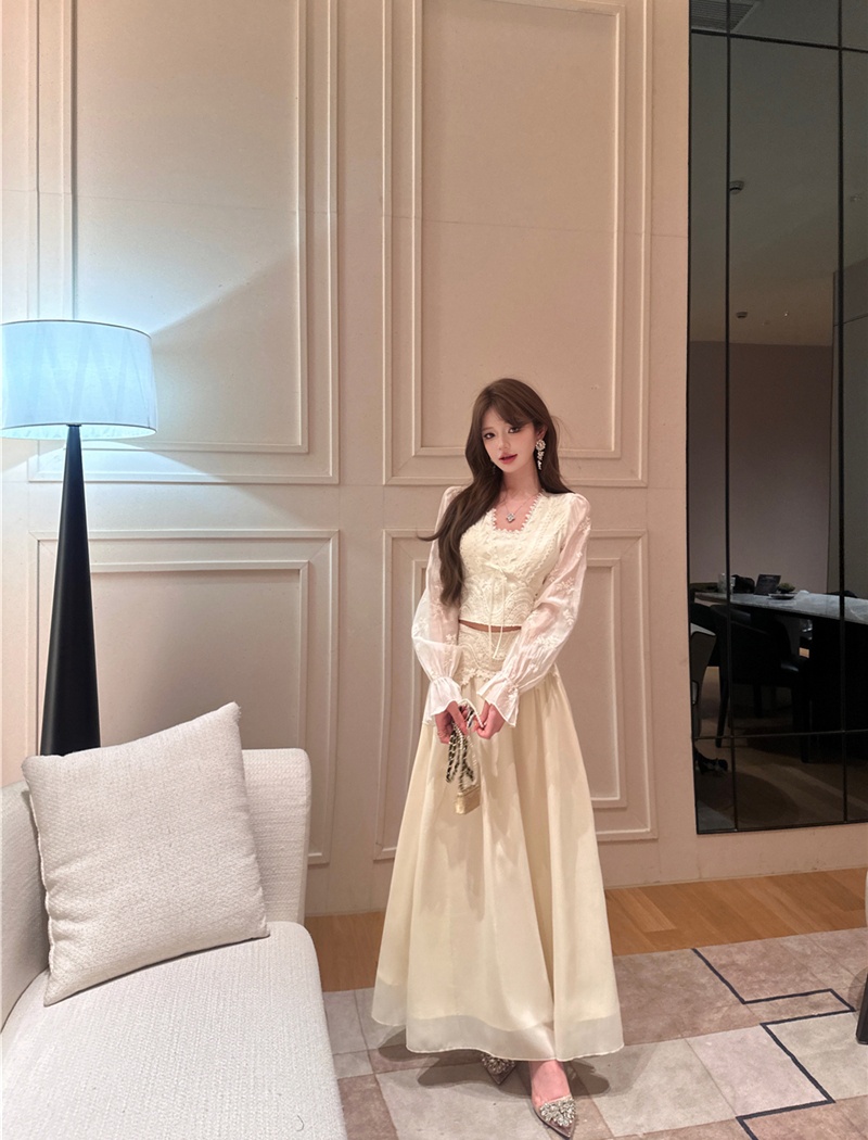 France style long skirt lace tops a set for women