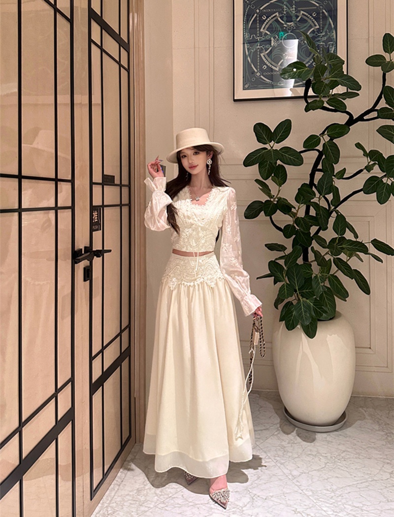 France style long skirt lace tops a set for women