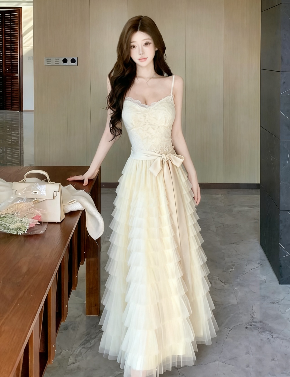 Frenum gauze tender big skirt temperament slim dress