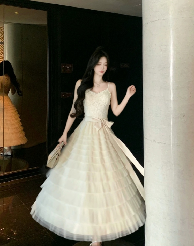 Frenum gauze tender big skirt temperament slim dress