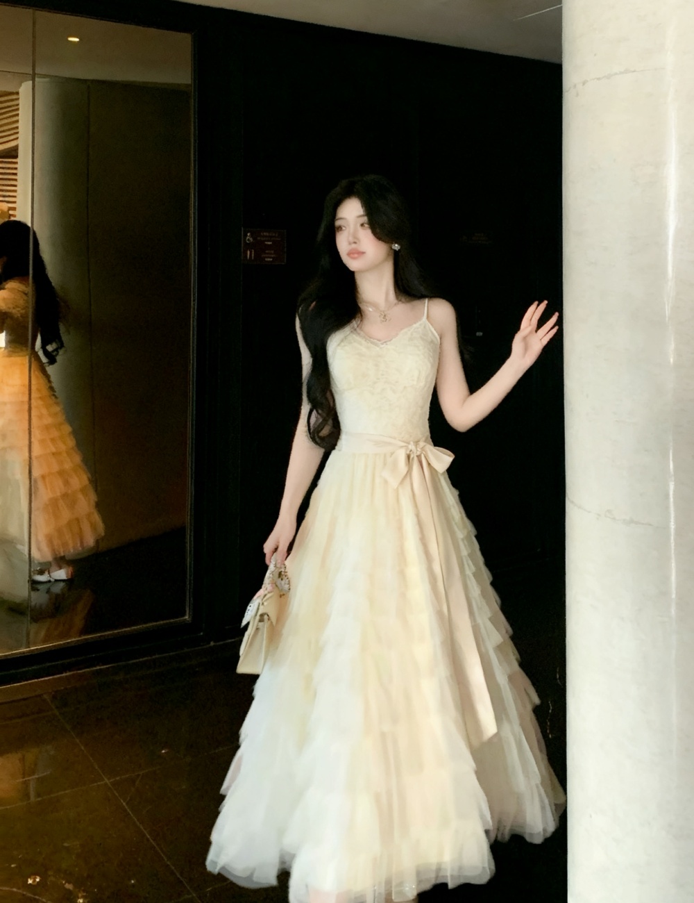 Frenum gauze tender big skirt temperament slim dress