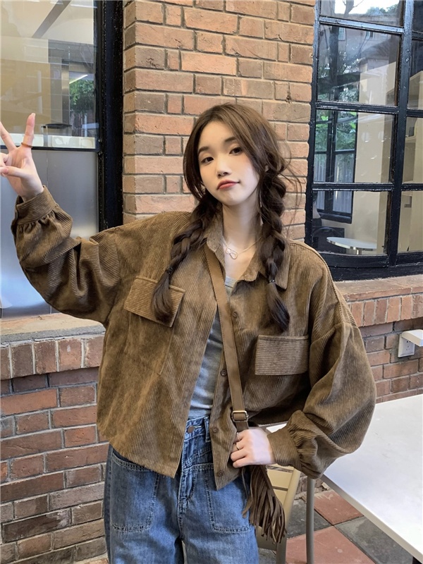 Corduroy short Korean style shirt all-match lapel coat