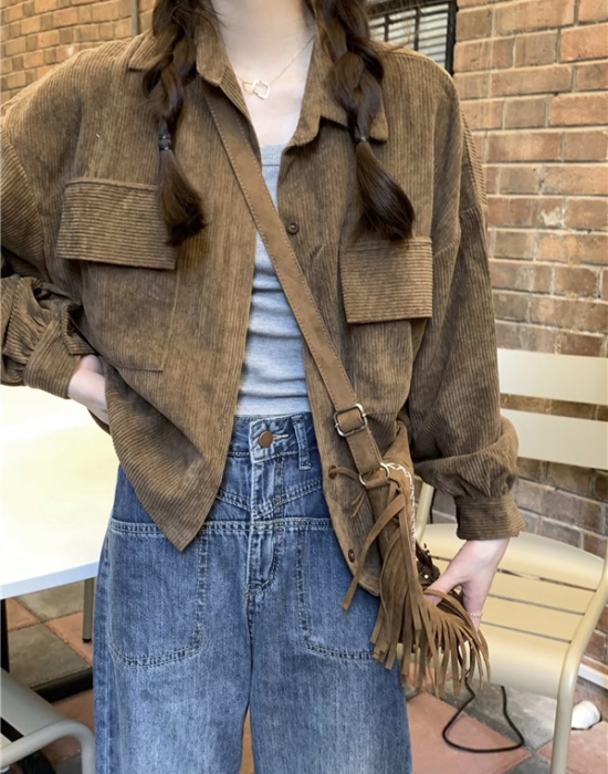 Corduroy short Korean style shirt all-match lapel coat