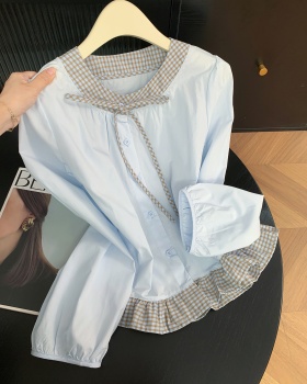 Long sleeve short France style tops frenum splice bow shirt