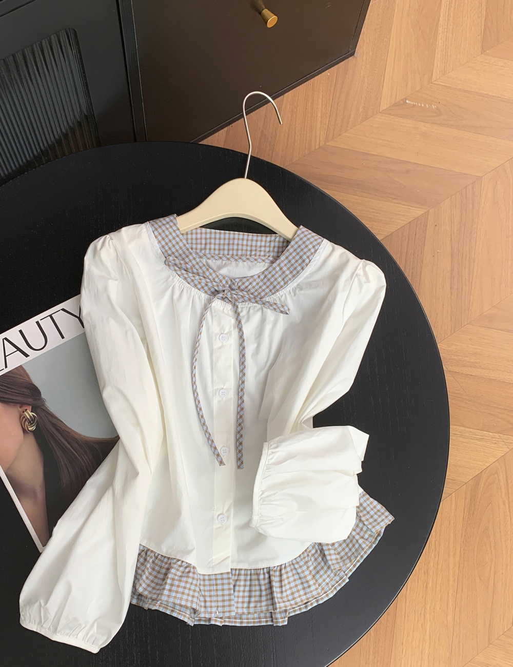 Long sleeve short France style tops frenum splice bow shirt