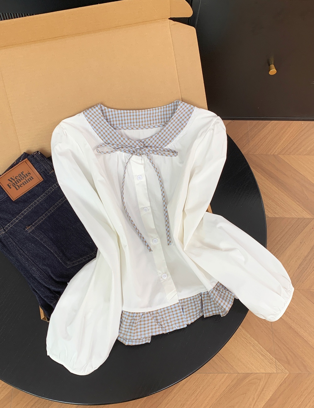 Long sleeve short France style tops frenum splice bow shirt