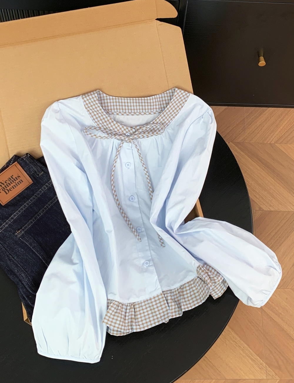 Long sleeve short France style tops frenum splice bow shirt