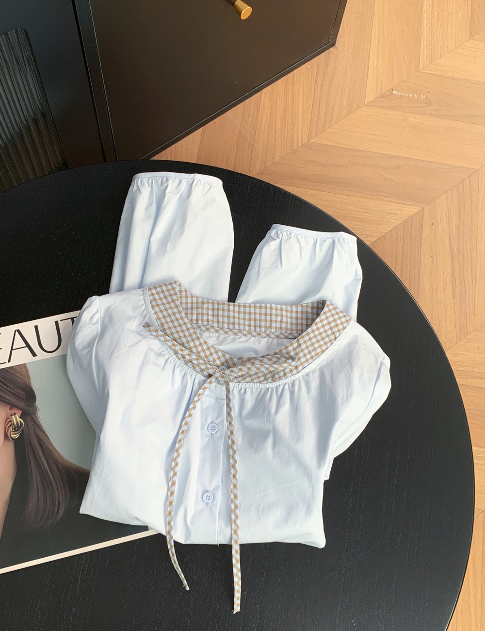 Long sleeve short France style tops frenum splice bow shirt