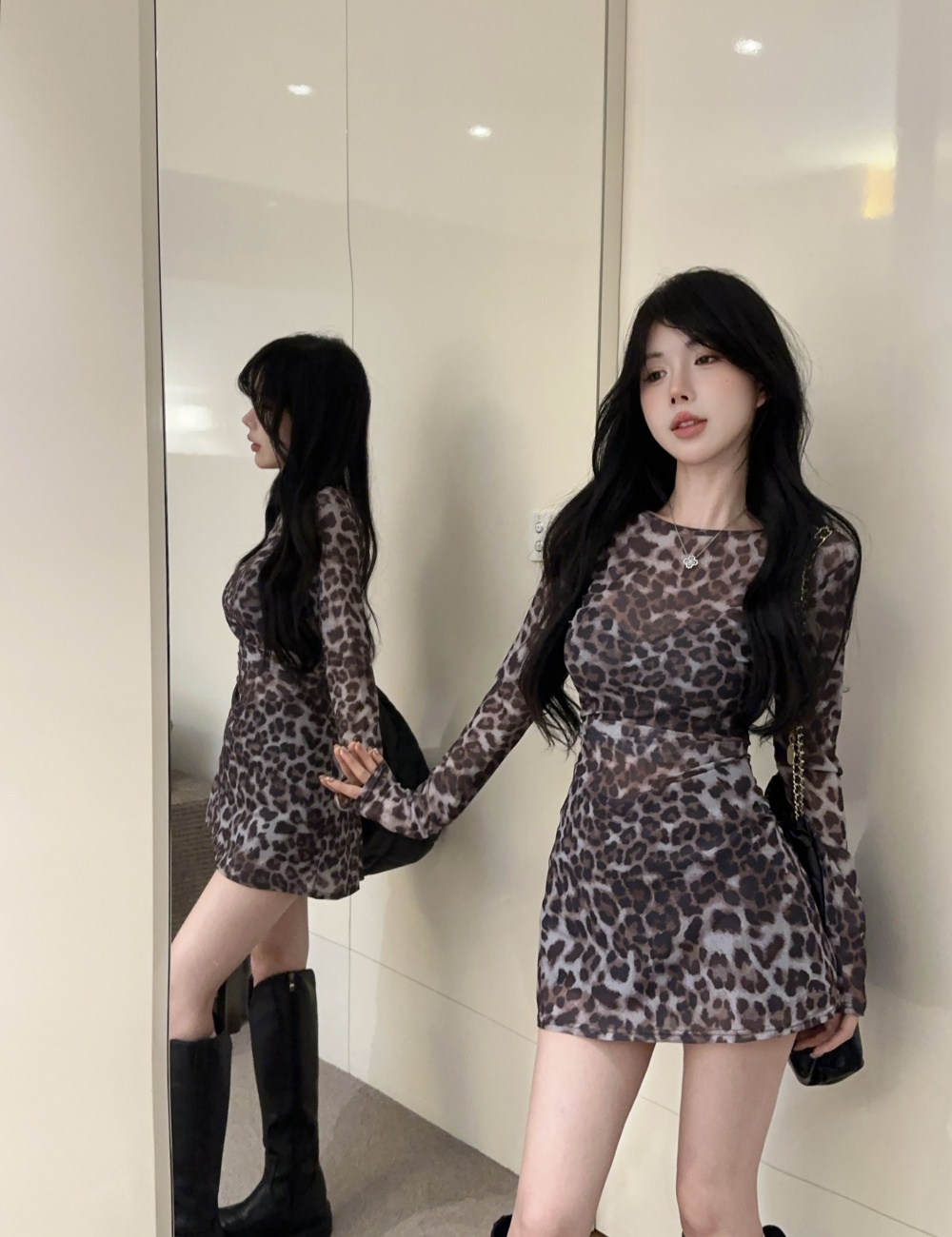 Sexy leopard spicegirl dress gauze temperament smock