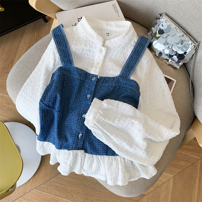 France style Pseudo-two shirt niche splice tops