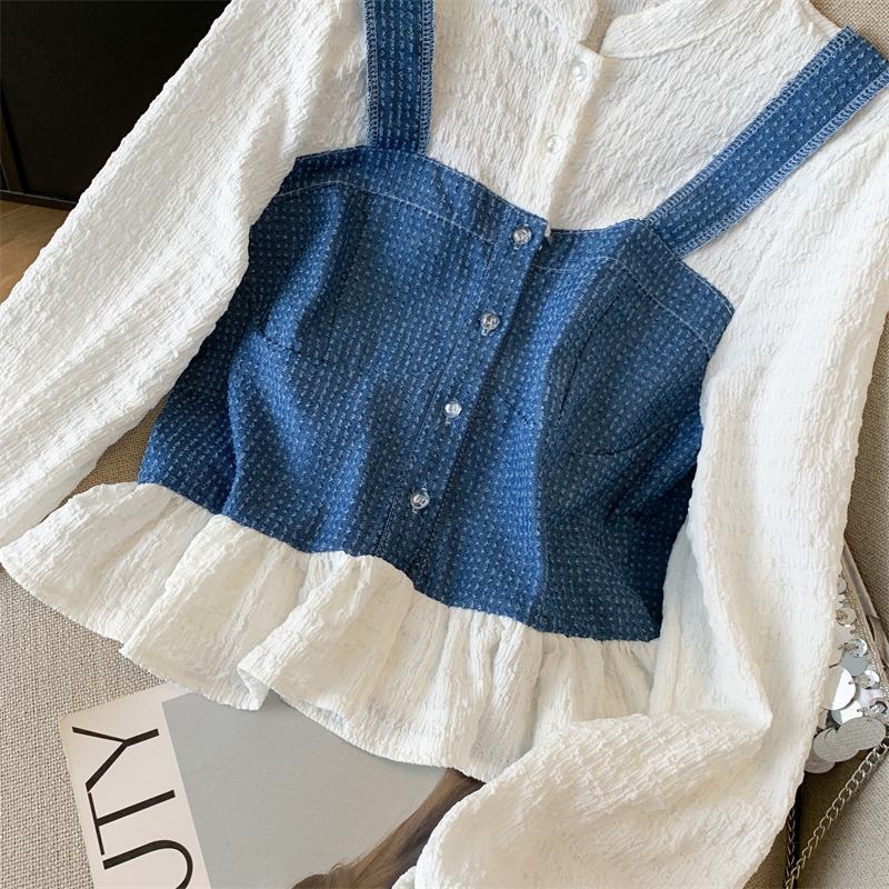 France style Pseudo-two shirt niche splice tops