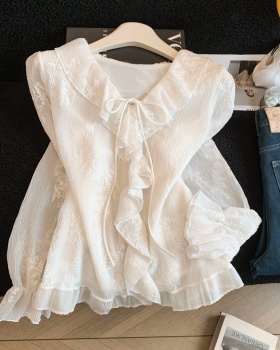 Jacquard wood ear slim tops retro bow niche shirt