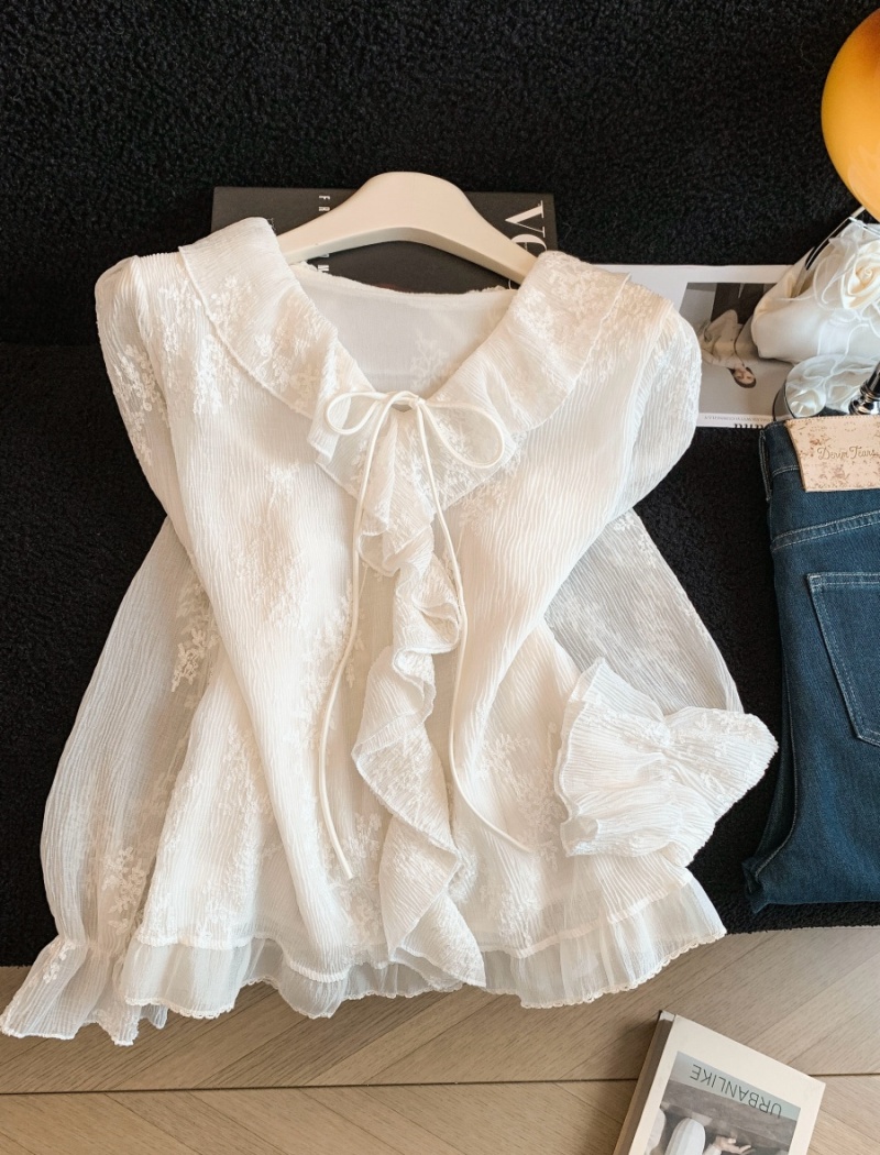 Jacquard wood ear slim tops retro bow niche shirt