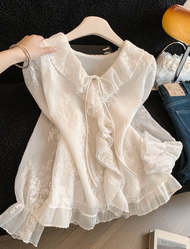 Jacquard wood ear slim tops retro bow niche shirt