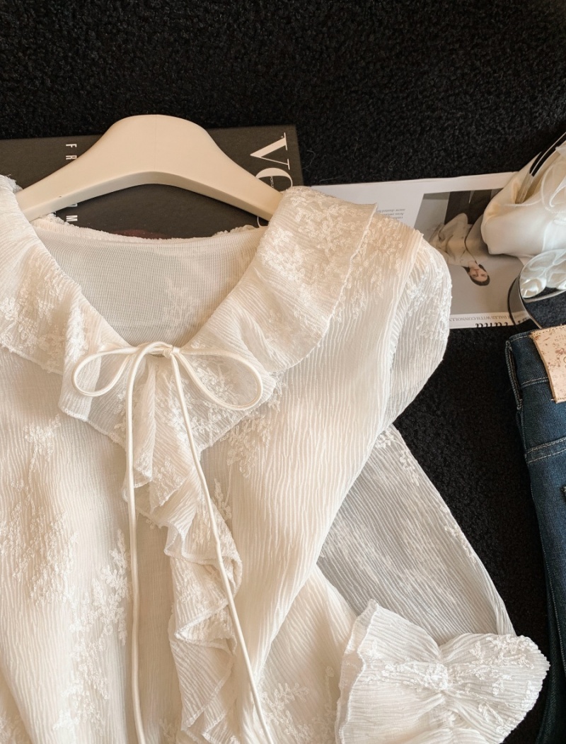 Jacquard wood ear slim tops retro bow niche shirt