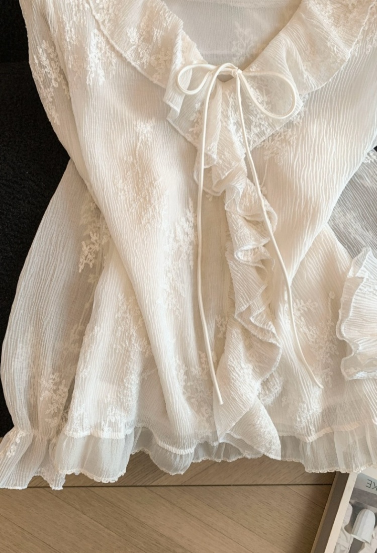 Jacquard wood ear slim tops retro bow niche shirt