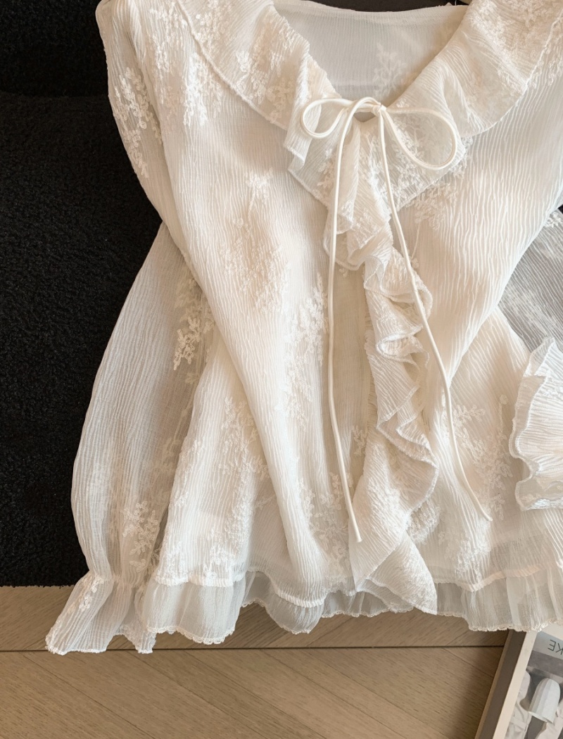 Jacquard wood ear slim tops retro bow niche shirt