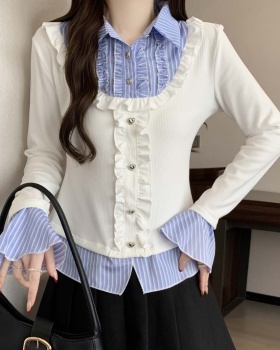 Spring splice shirt knitted all-match tops for women