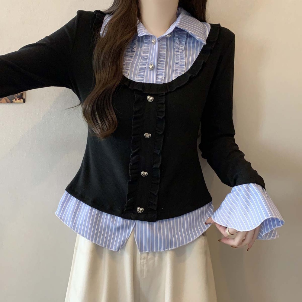 Spring splice shirt knitted all-match tops for women