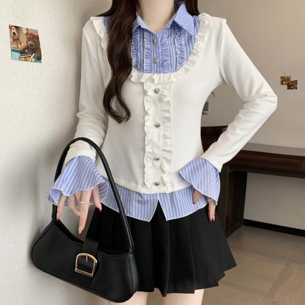 Spring splice shirt knitted all-match tops for women