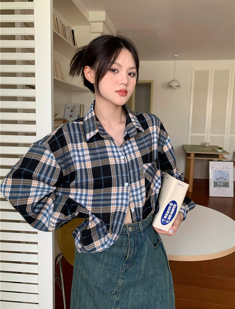 Thick loose lapel shirt sueding plaid spring tops