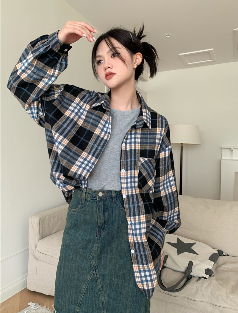 Thick loose lapel shirt sueding plaid spring tops