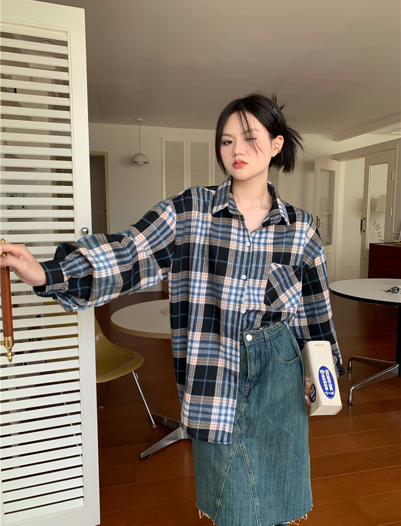 Thick loose lapel shirt sueding plaid spring tops