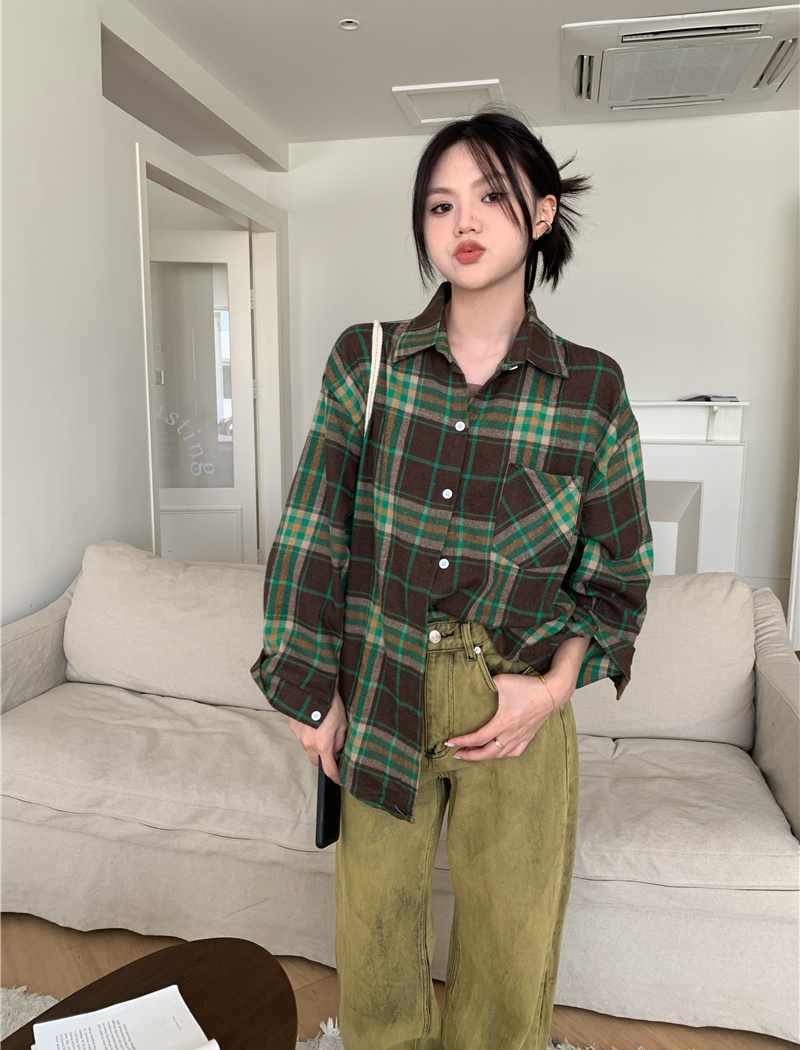 Thick loose lapel shirt sueding plaid spring tops