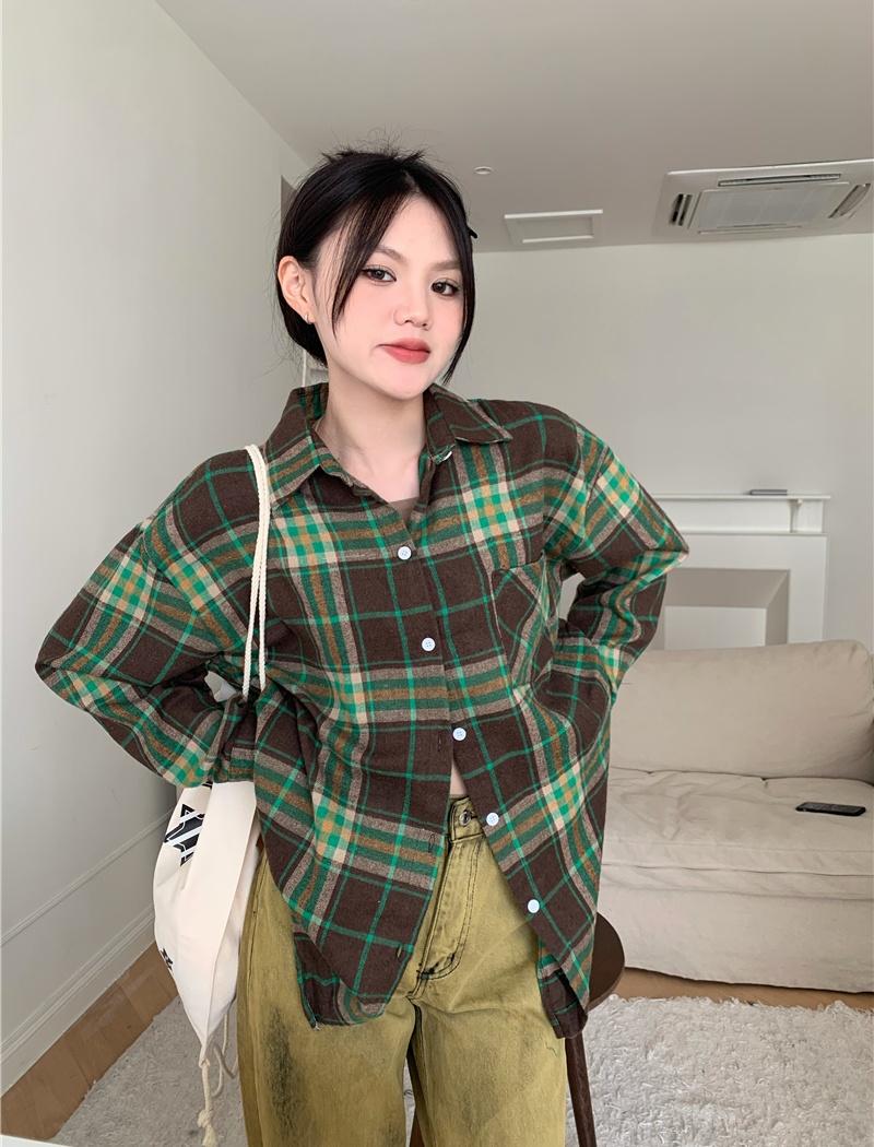 Thick loose lapel shirt sueding plaid spring tops