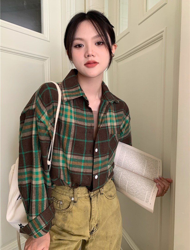 Thick loose lapel shirt sueding plaid spring tops