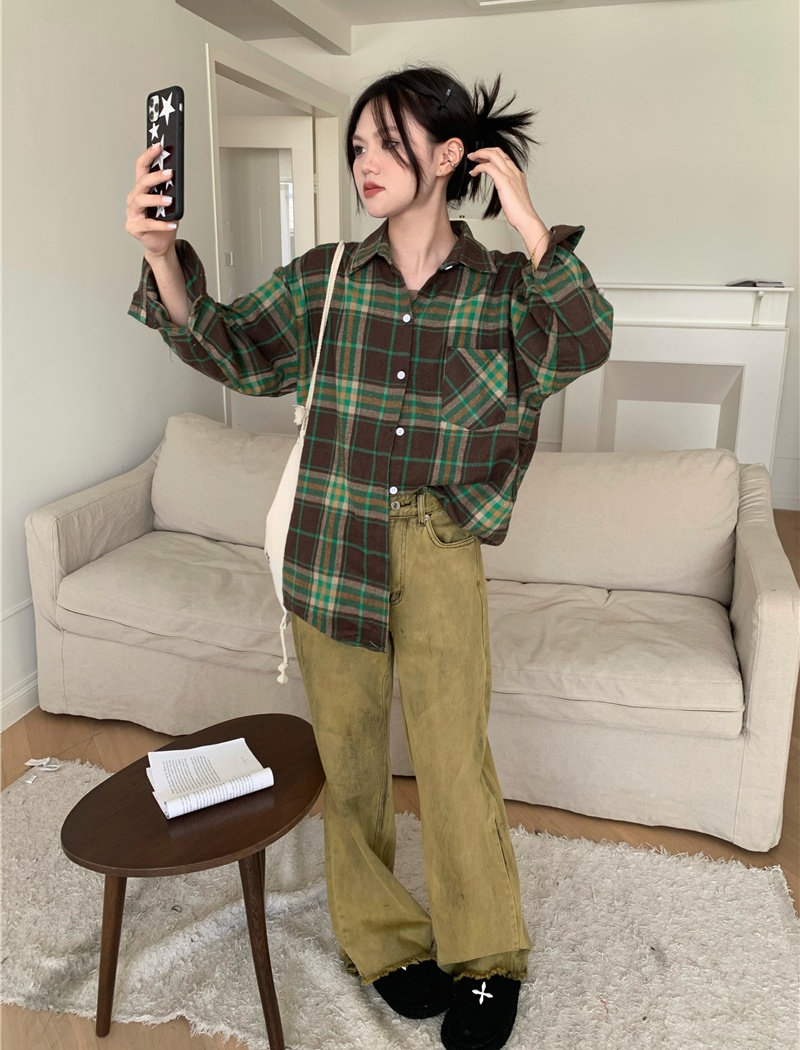 Thick loose lapel shirt sueding plaid spring tops