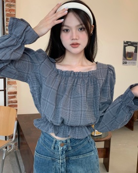 Short plaid tops square collar lantern sleeve shirt
