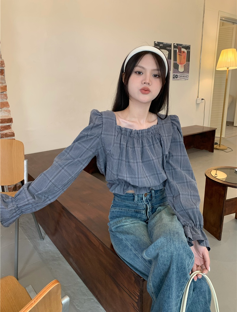 Short plaid tops square collar lantern sleeve shirt