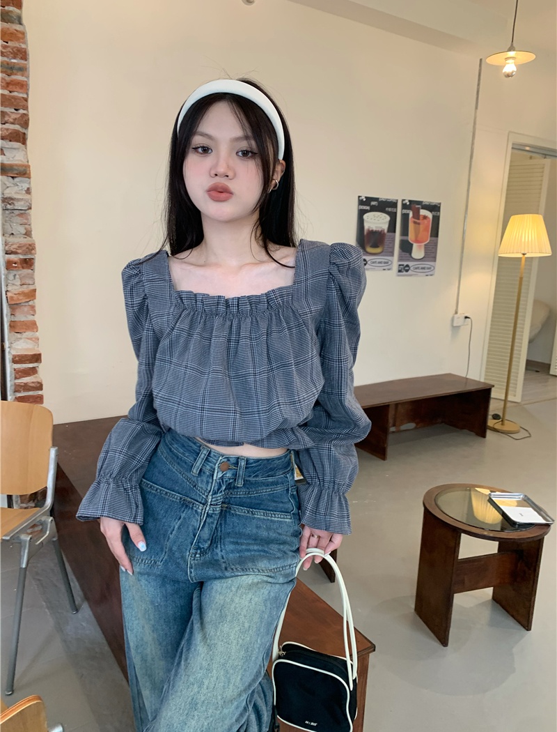 Short plaid tops square collar lantern sleeve shirt