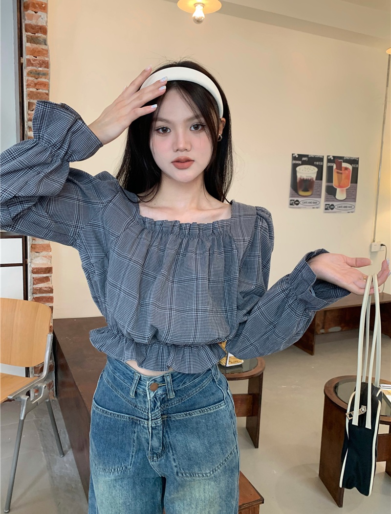 Short plaid tops square collar lantern sleeve shirt