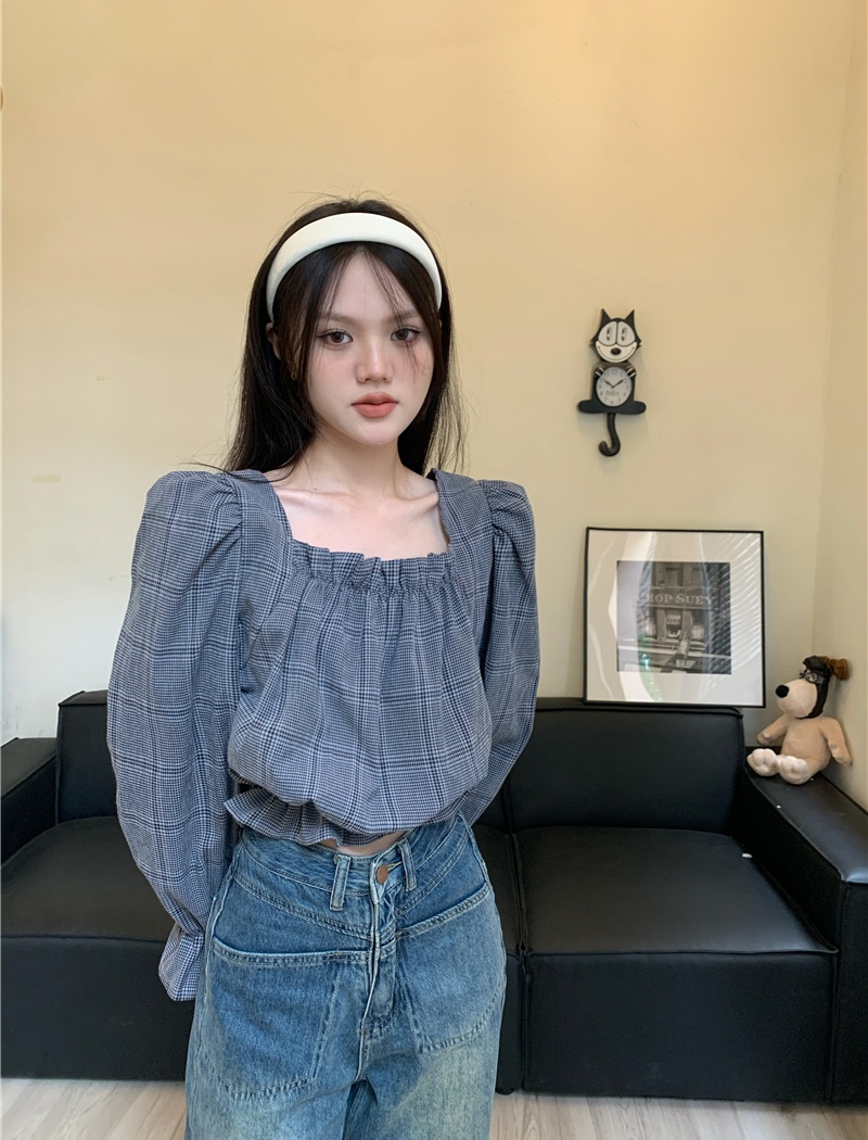 Short plaid tops square collar lantern sleeve shirt