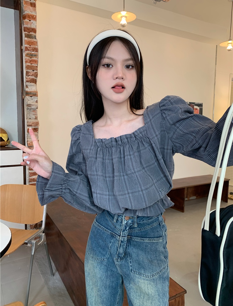 Short plaid tops square collar lantern sleeve shirt