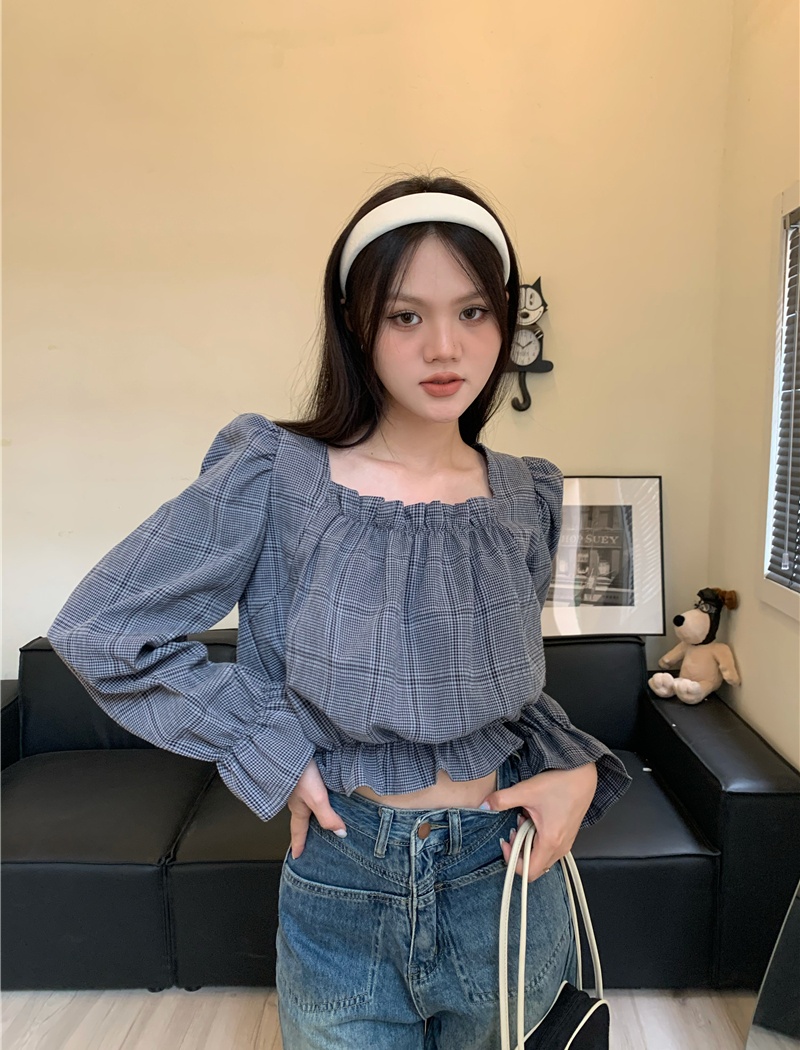 Short plaid tops square collar lantern sleeve shirt