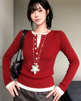 Mixed colors slim tops buckle long sleeve sweater