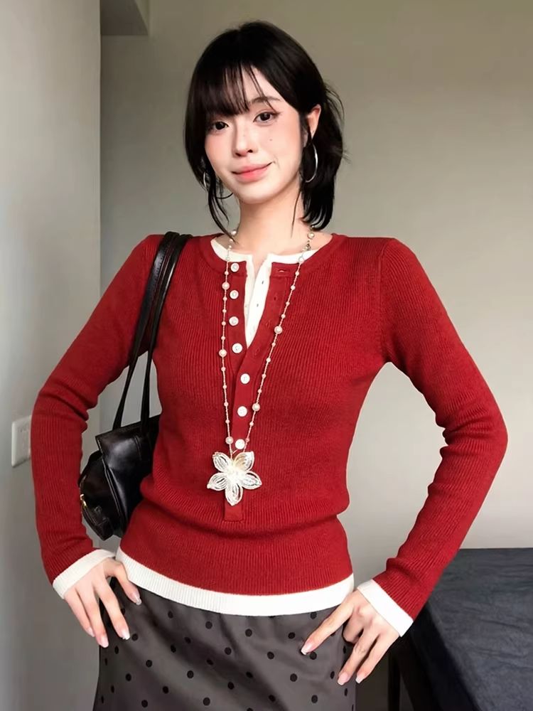 Mixed colors slim tops buckle long sleeve sweater
