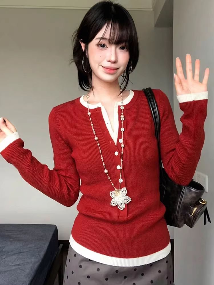 Mixed colors slim tops buckle long sleeve sweater