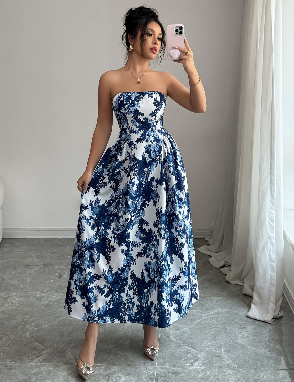 Simple fashion wrapped chest elegant printing Casual dress