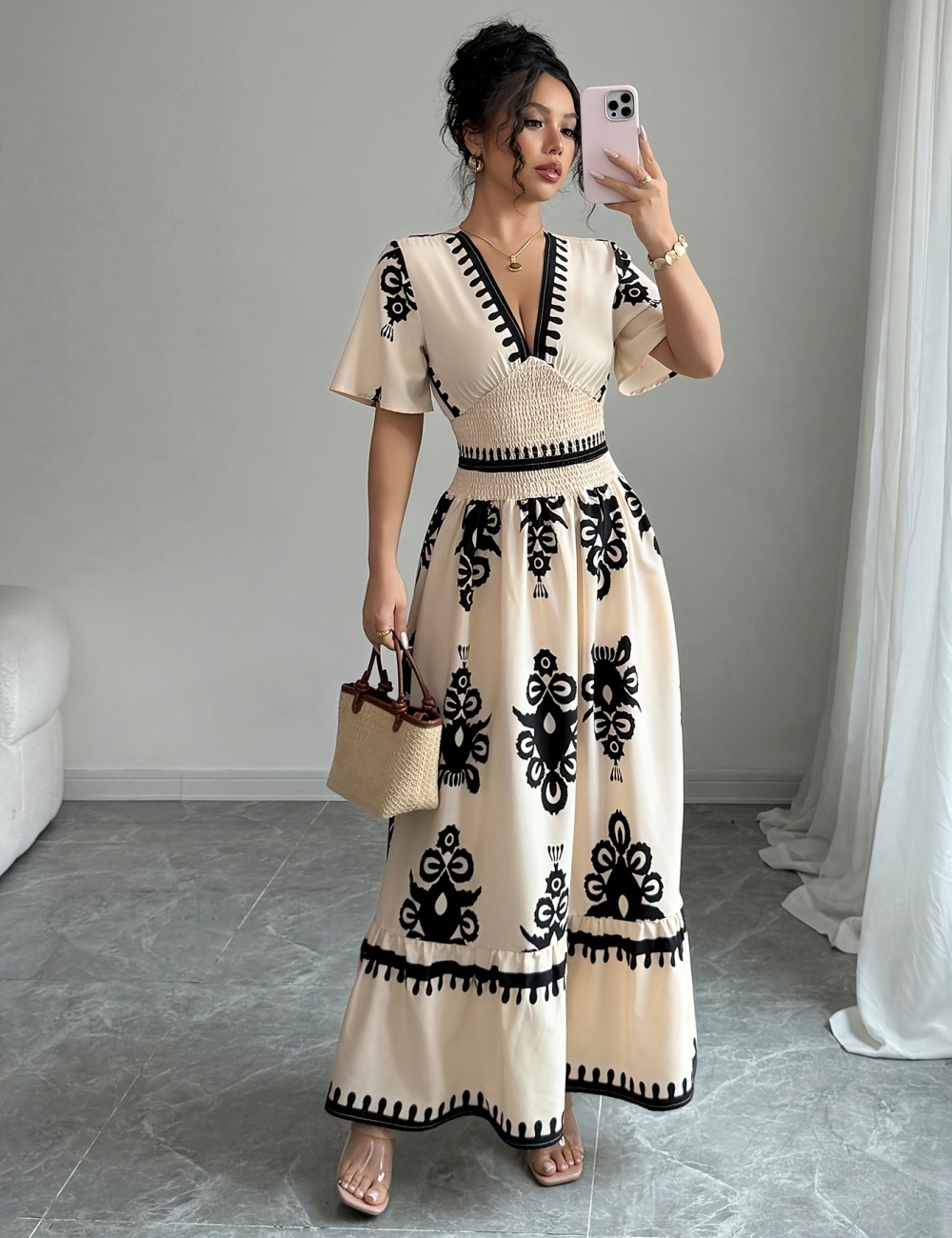V-neck printing retro long pinched waist dress