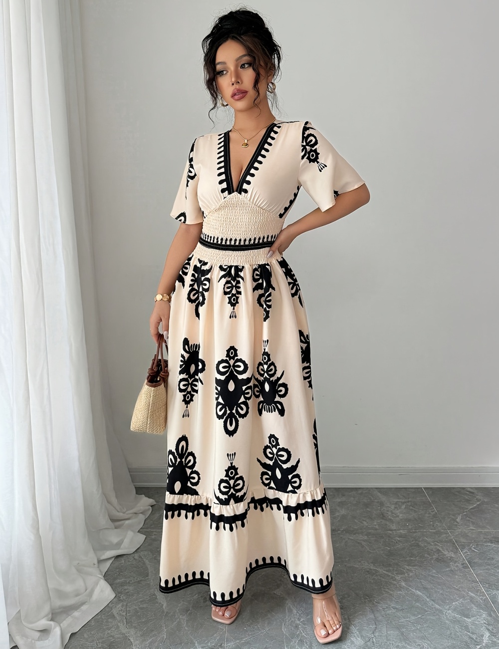 V-neck printing retro long pinched waist dress
