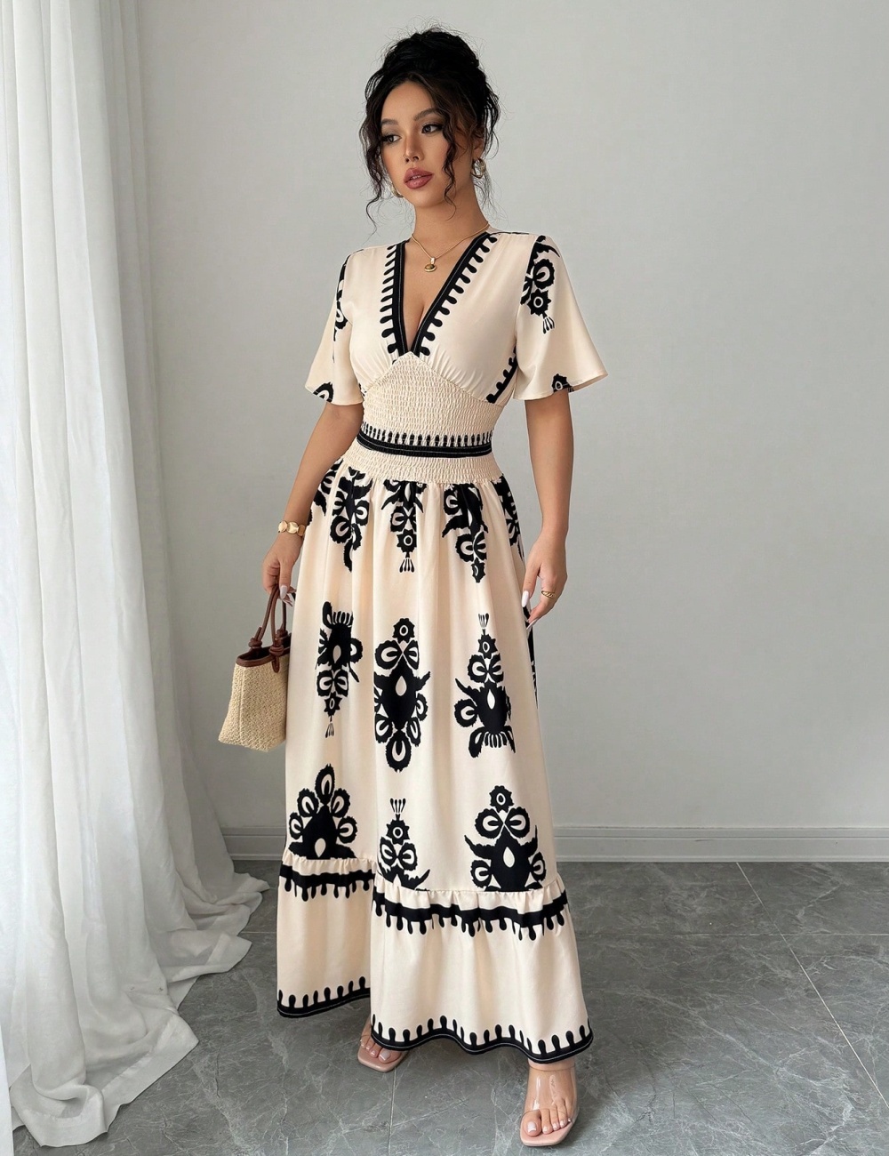 V-neck printing retro long pinched waist dress