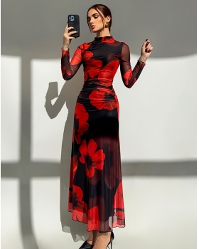 Long red long sleeve printing mesh tie dye dress for women