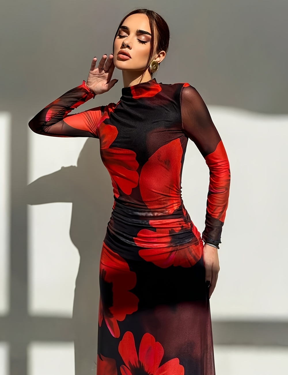 Long red long sleeve printing mesh tie dye dress for women
