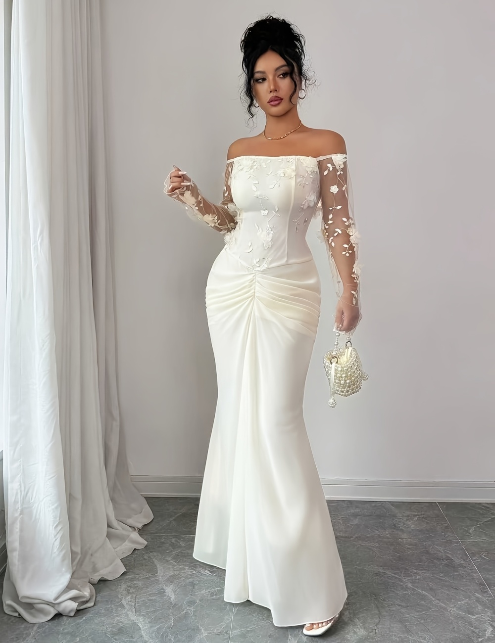 Embroidered fold fashion strapless dress for women